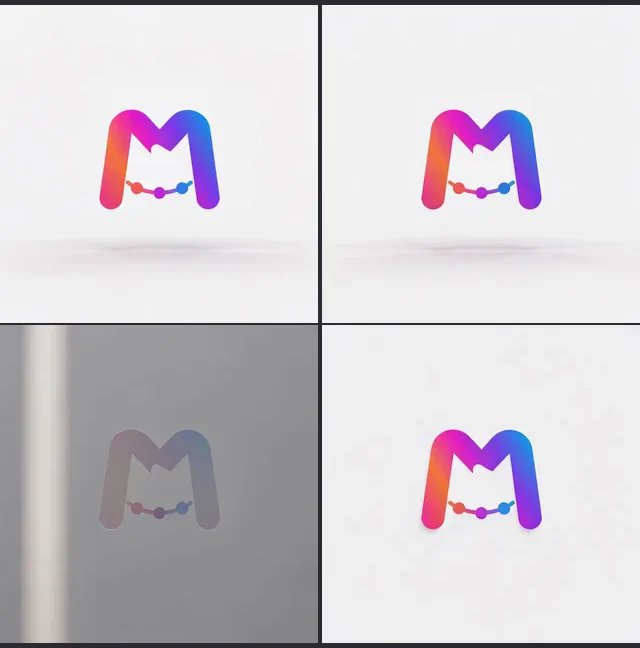 Erstes und letztes Bild von zwei MorphLogo-Clips: oben der 3D-Orbit, an beiden Enden gleich; unten das Filmische Reveal, am Anfang dunkel und am Ende hell