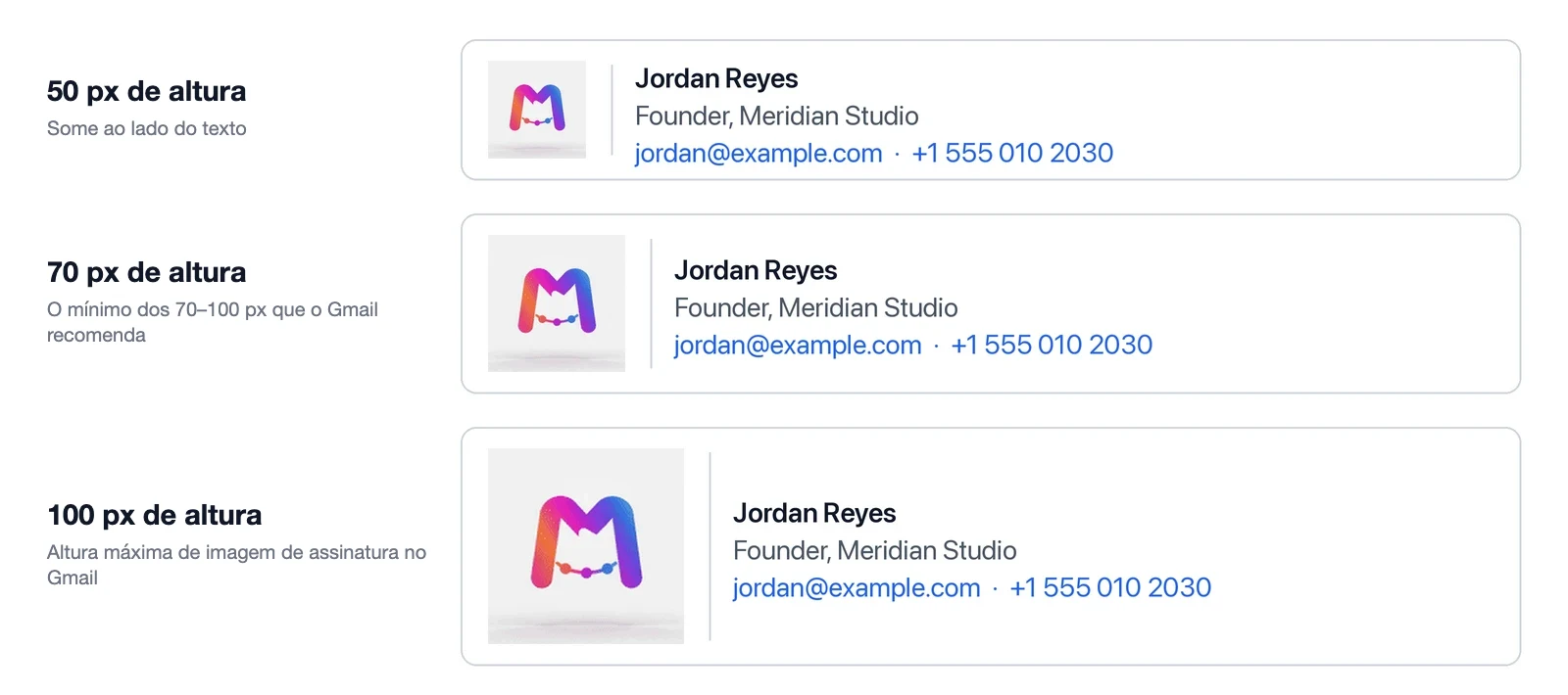 O mesmo logo animado numa assinatura de e-mail com 50, 70 e 100 pixels de altura, ao lado de nome, cargo, e-mail e telefone