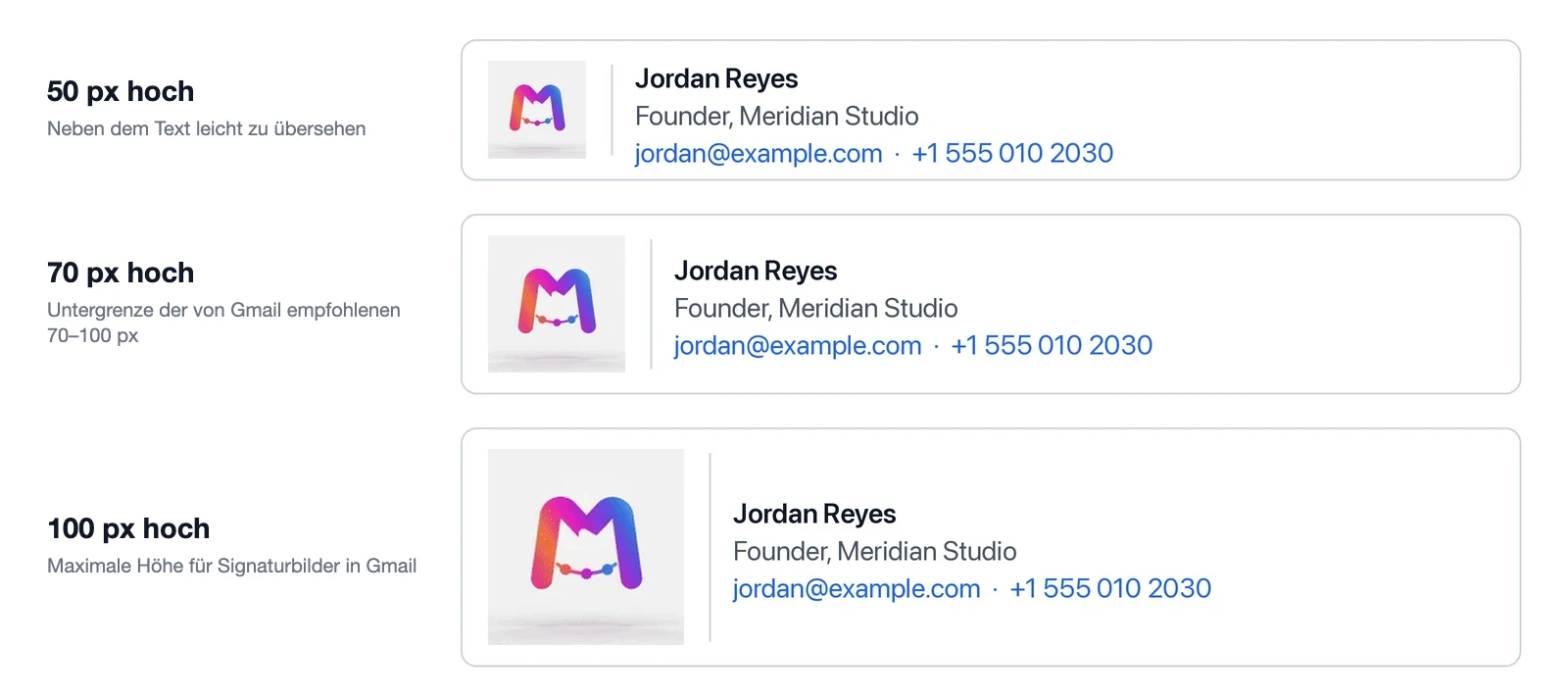 Dasselbe animierte Logo in einer E-Mail-Signatur mit 50, 70 und 100 Pixel Höhe neben Name, Position, E-Mail-Adresse und Telefonnummer