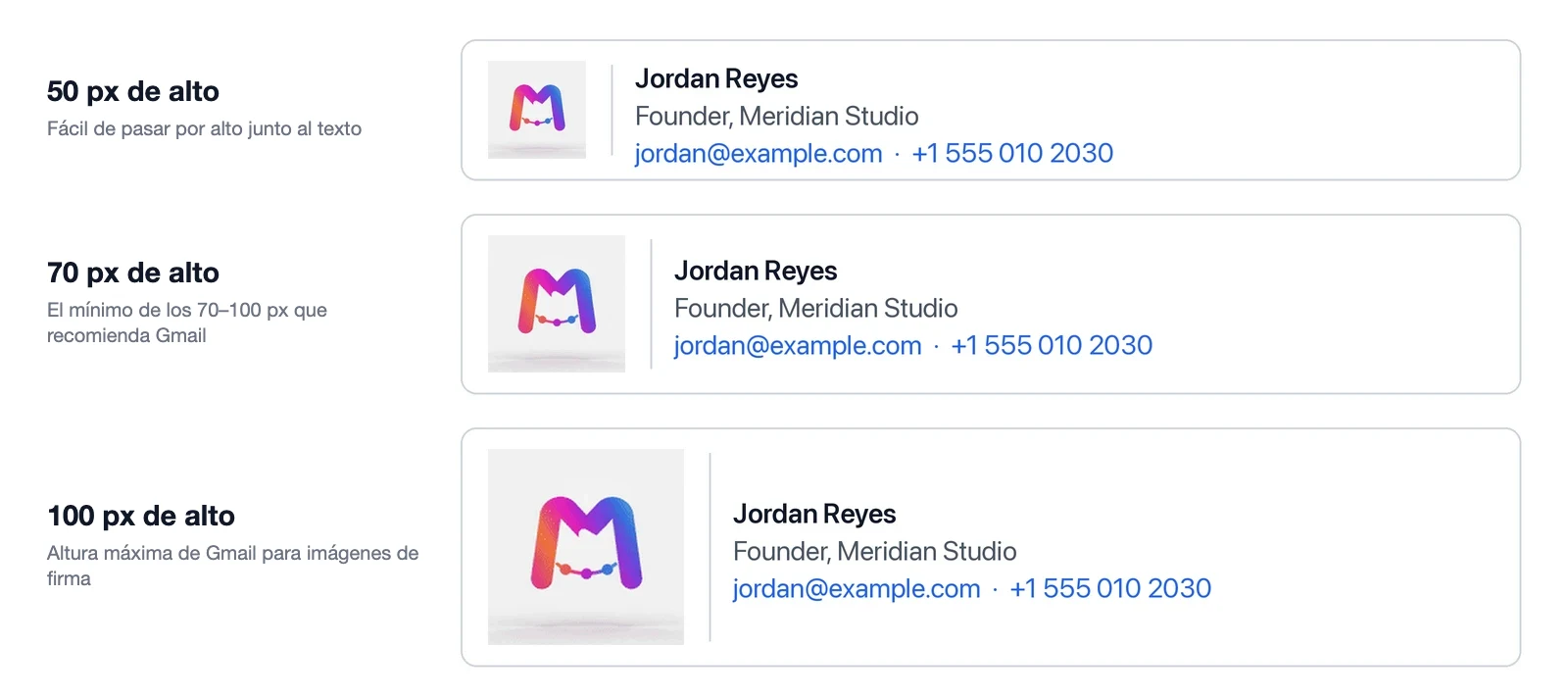 El mismo logo animado en una firma de correo a 50, 70 y 100 píxeles de alto, junto a un nombre, un cargo, un correo y un teléfono