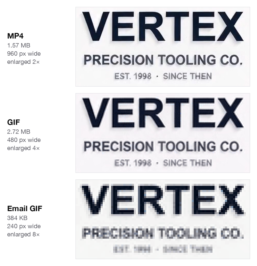 A wordmark with a two-line tagline from the MP4 master, the 480 px GIF and the 240 px email GIF: the tagline stays readable in the GIF and blurs in the email GIF