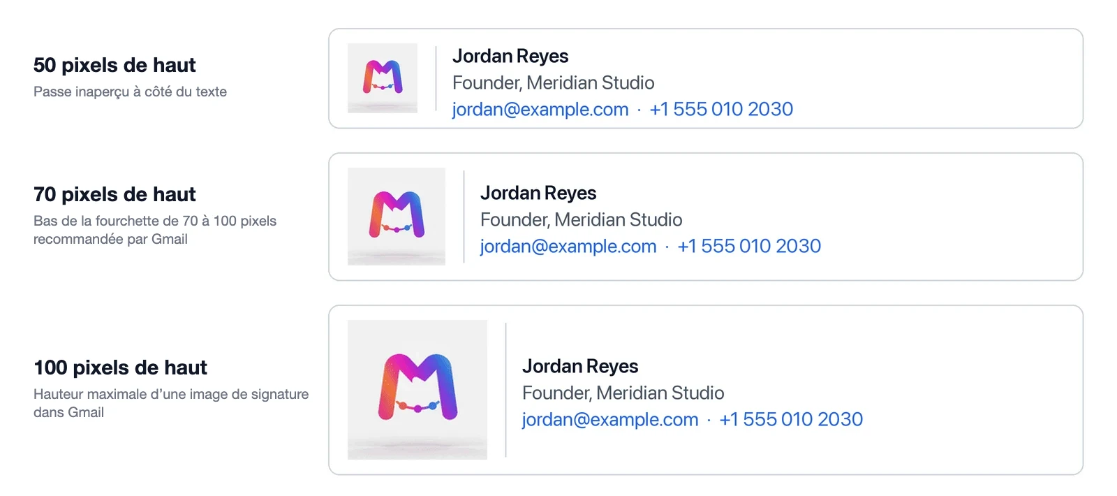 Le même logo animé dans une signature mail à 50, 70 et 100 pixels de haut, à côté d'un nom, d'une fonction, d'une adresse e-mail et d'un numéro de téléphone