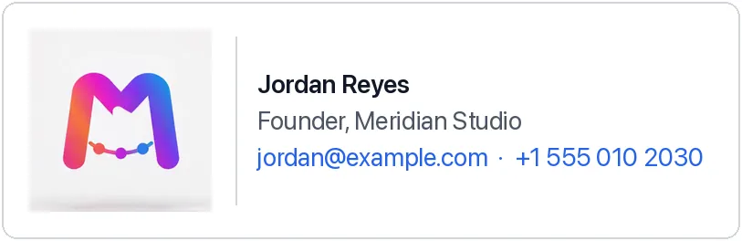 Animated email signature example: a logo turning in 3D beside a name, job title, email address and phone number