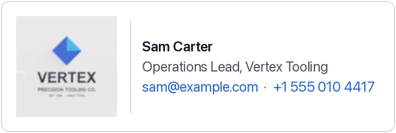 Animated email signature example: a light sweep crossing a logo beside a name, job title, email address and phone number