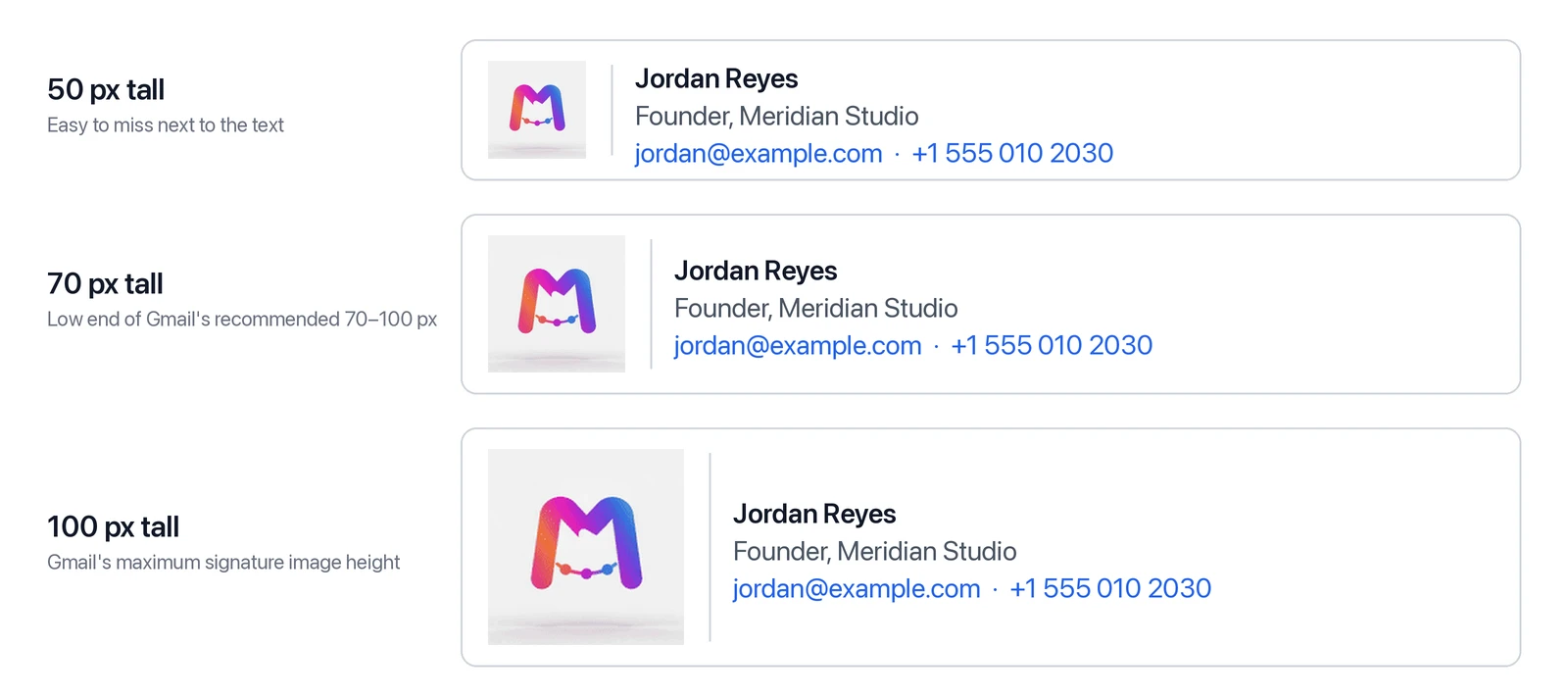 The same animated logo in an email signature at 50, 70 and 100 pixels tall, next to a name, job title, email address and phone number