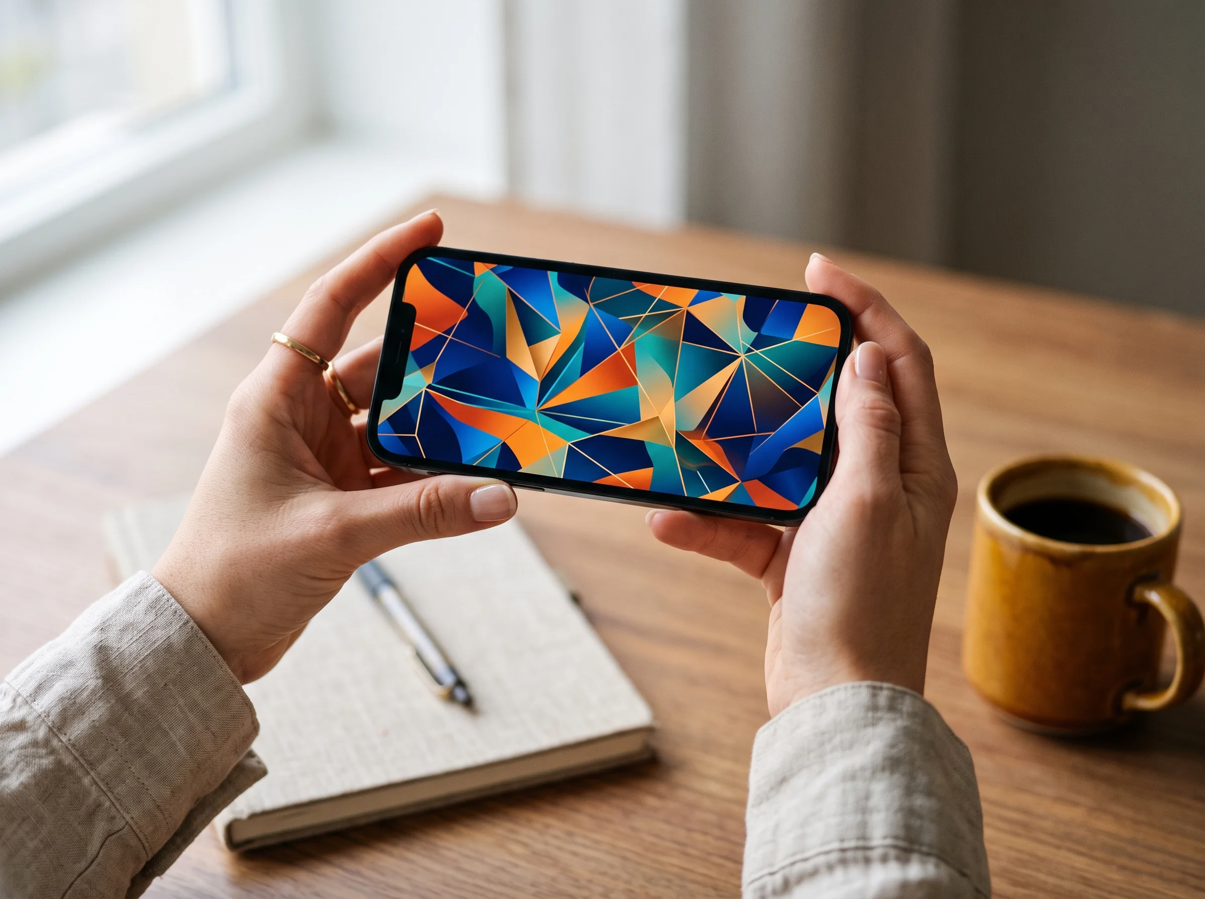Hands holding a smartphone in landscape orientation playing a looping animated logo clip exported as MP4, with a notebook and coffee cup on a wooden desk