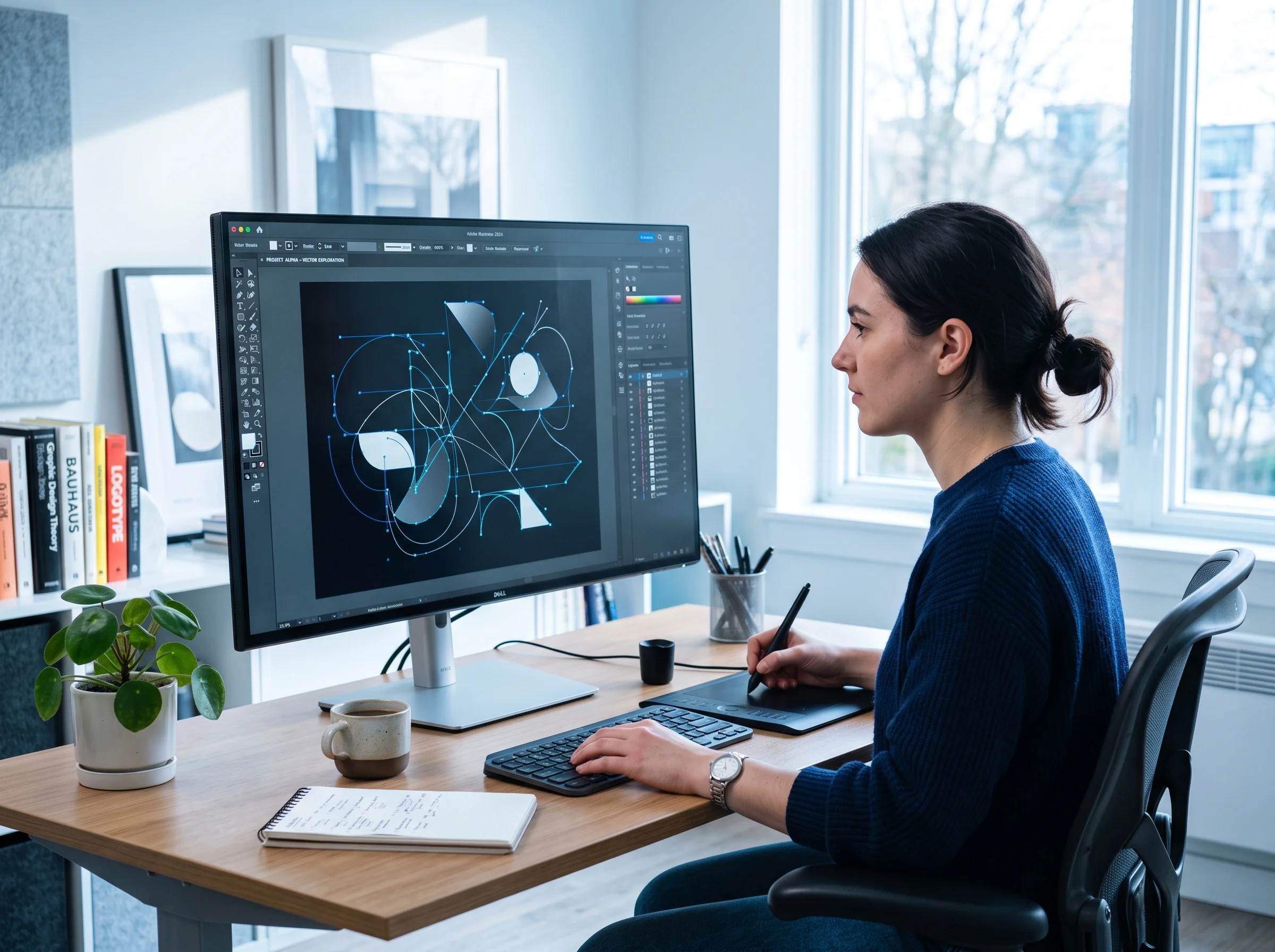 A designer working at a monitor showing vector shapes and anchor points in a design application, the source artwork most logo animation tools require
